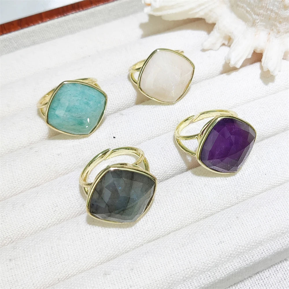Hot Sale Natural Stone Square Shape Crystal Faceted Ring Natural Amazonite Amethyst Labradorite 18k Gold Plated Ring for Women