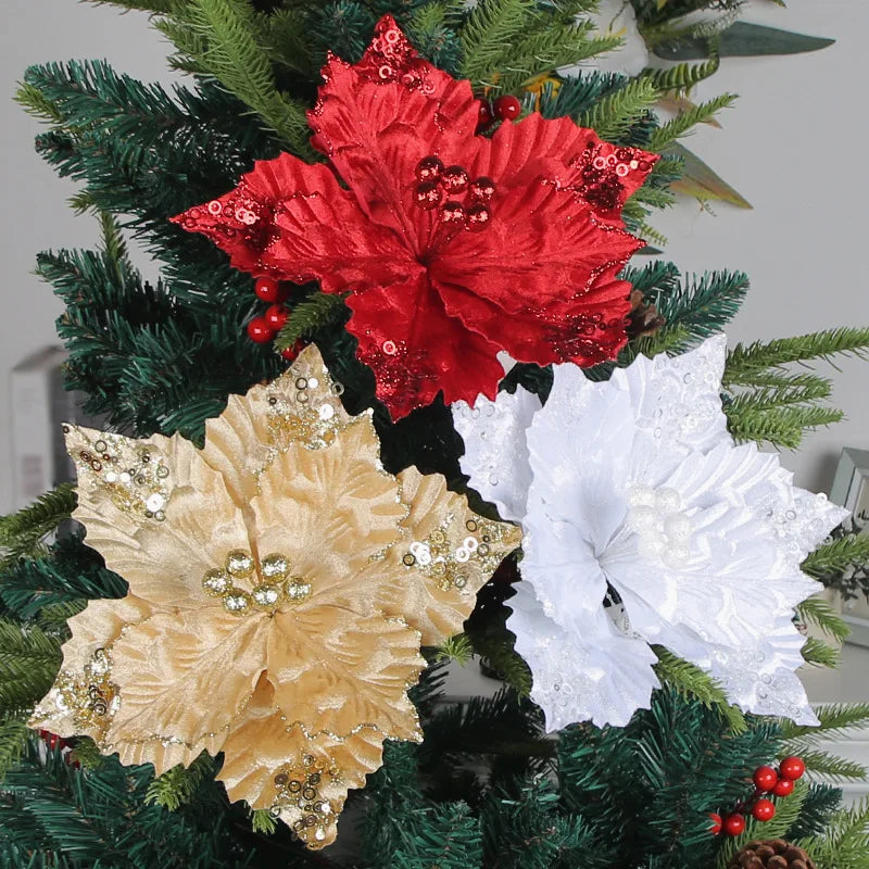 Adoros De Navidad Red Gold White Artificial Glitter Christmas Flowers for Xmas Tree Ornaments Decoration