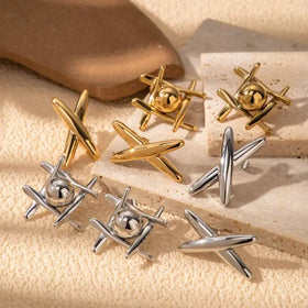 Stainless Steel Geometric Ball Cross Stud Earrings New Statement Twist Metal Fashion Waterproof Jewelry for Women Gift