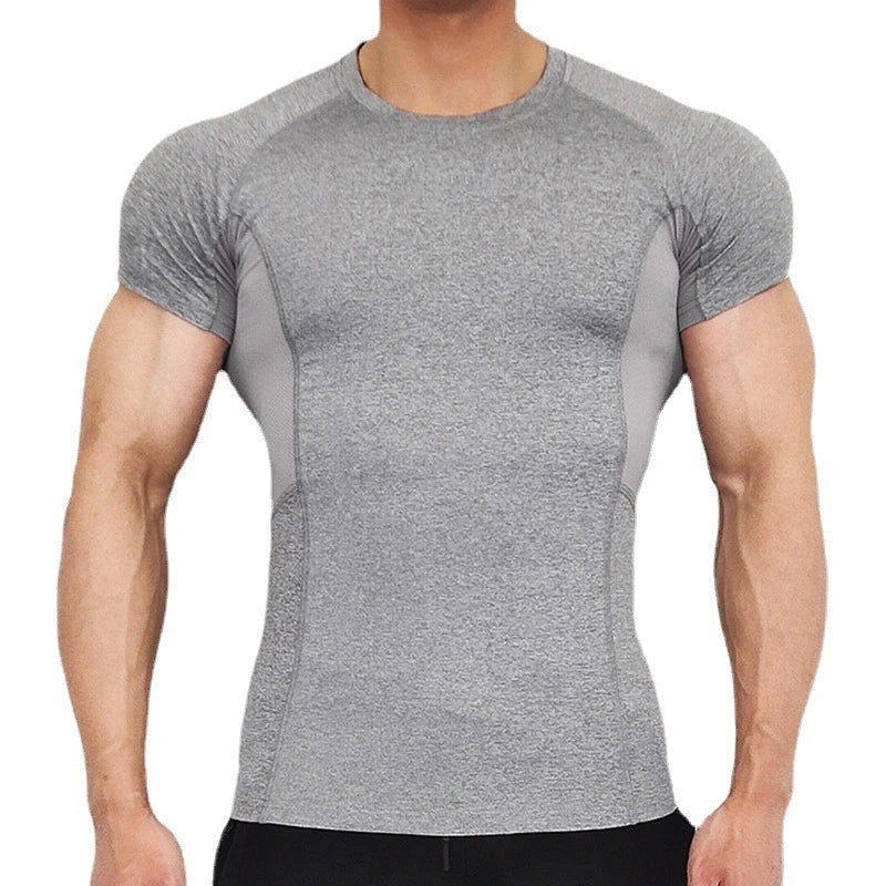Mens Spring Quick Dry Spliced Slim Fit Short Sleeves Running Gym Workout Compression T-Shirt
