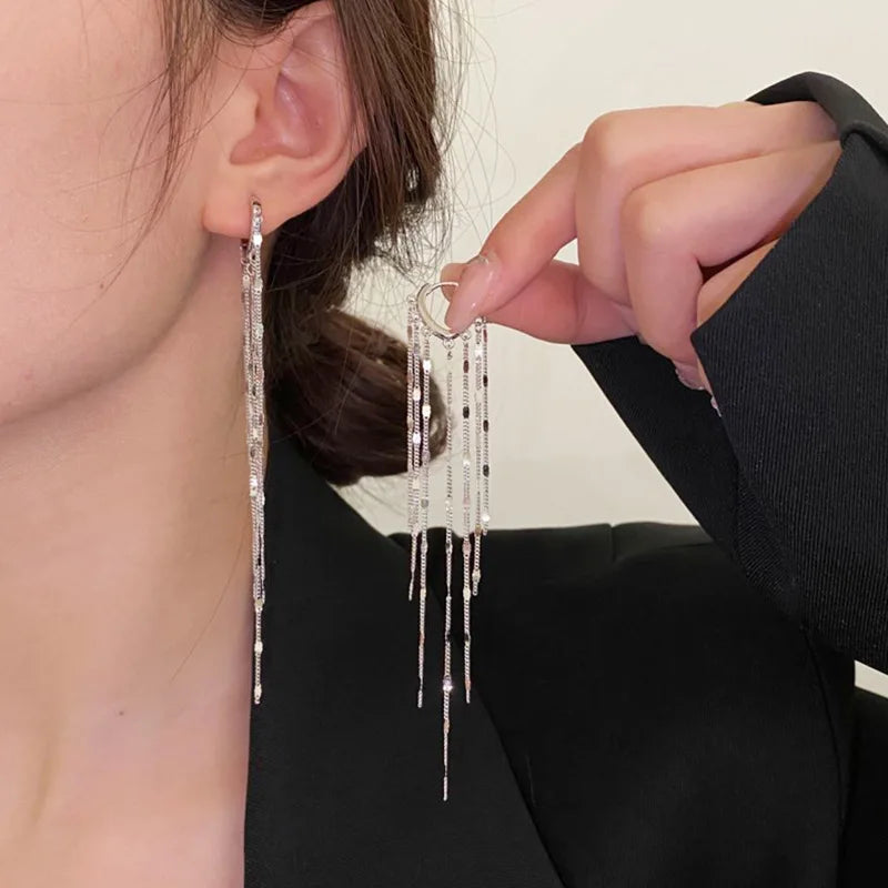 925 Sterling Silver Hoop Earrings Shiny Tassel Silver Earrings for Women