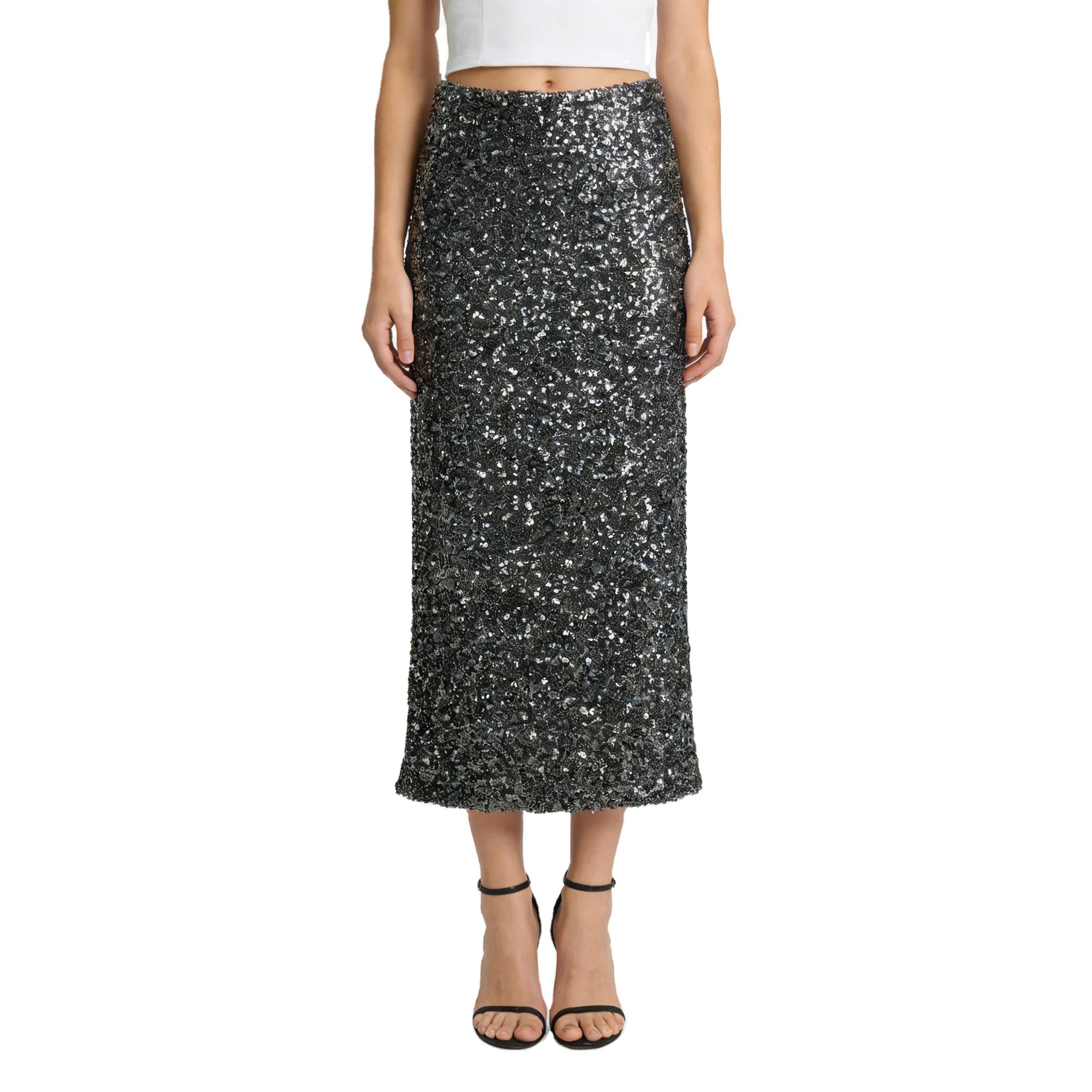 Wholesale Women's Fashionable Sparkling Sequin Skirt Advanced Long Black Korean Skirts