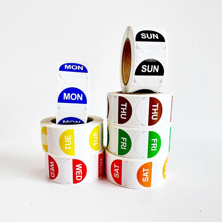 Glossy Week Tags and Day Dot Food Labels Color Adhesive Week Stickers for Grocery Promotion and Exhibition Use MegaBDM
