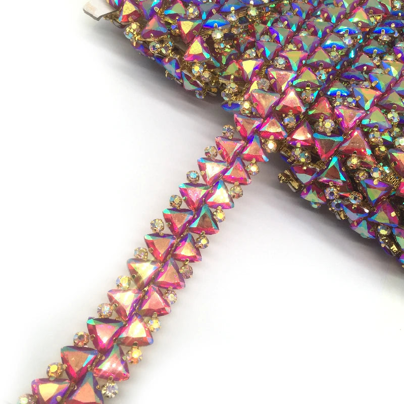 Red AB Rhinestone Bling Strass Thread Setting Thin Crystal Sew on Rhinestone Chain Trims for Diy Carnival Garment