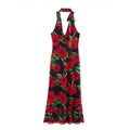 ZATRHMBM Women's Summer 2025 New Fashion Printed Tulle Midi Dress Retro Halterneck Sleeveless Elegant Female Dress