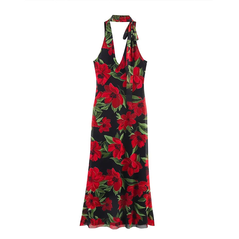 ZATRHMBM Women's Summer 2025 New Fashion Printed Tulle Midi Dress Retro Halterneck Sleeveless Elegant Female Dress