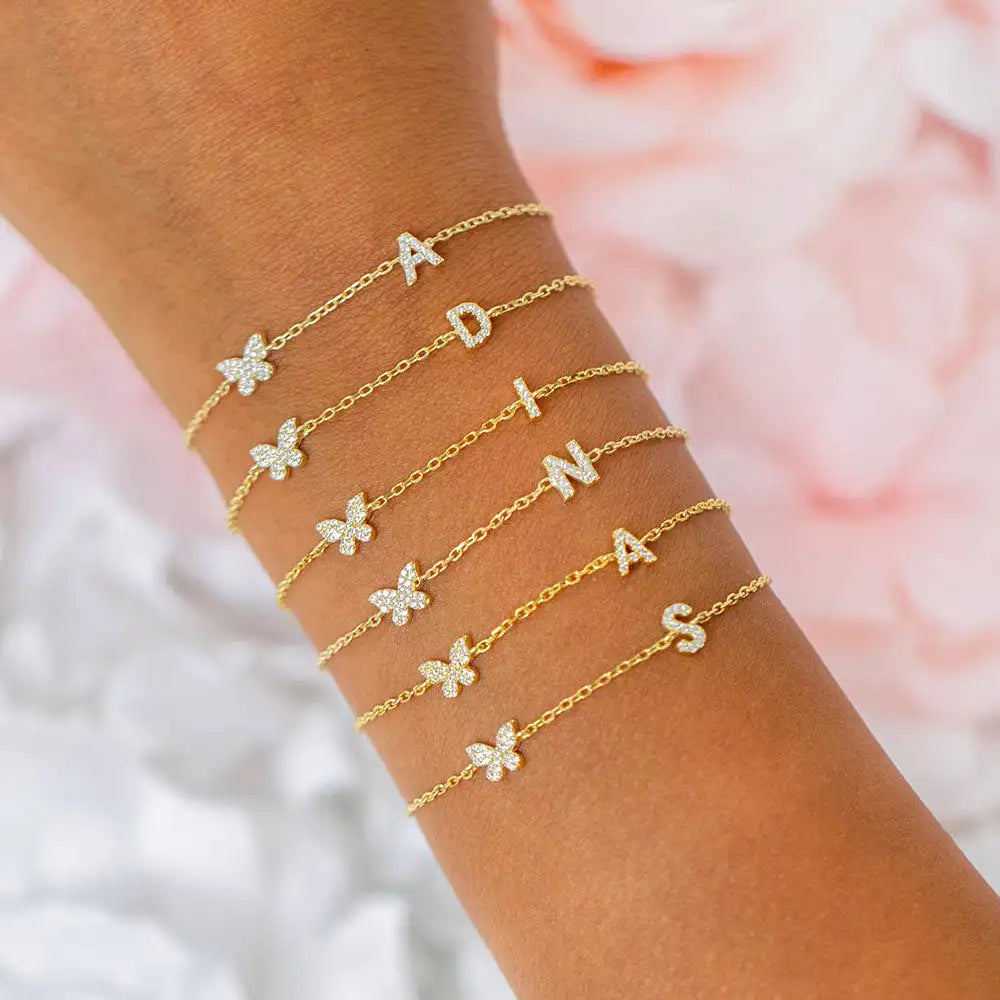 New Arrivals Gold Plated 925 Sterling Silver Butterfly Charms Initial Chain Bracelet for Girl