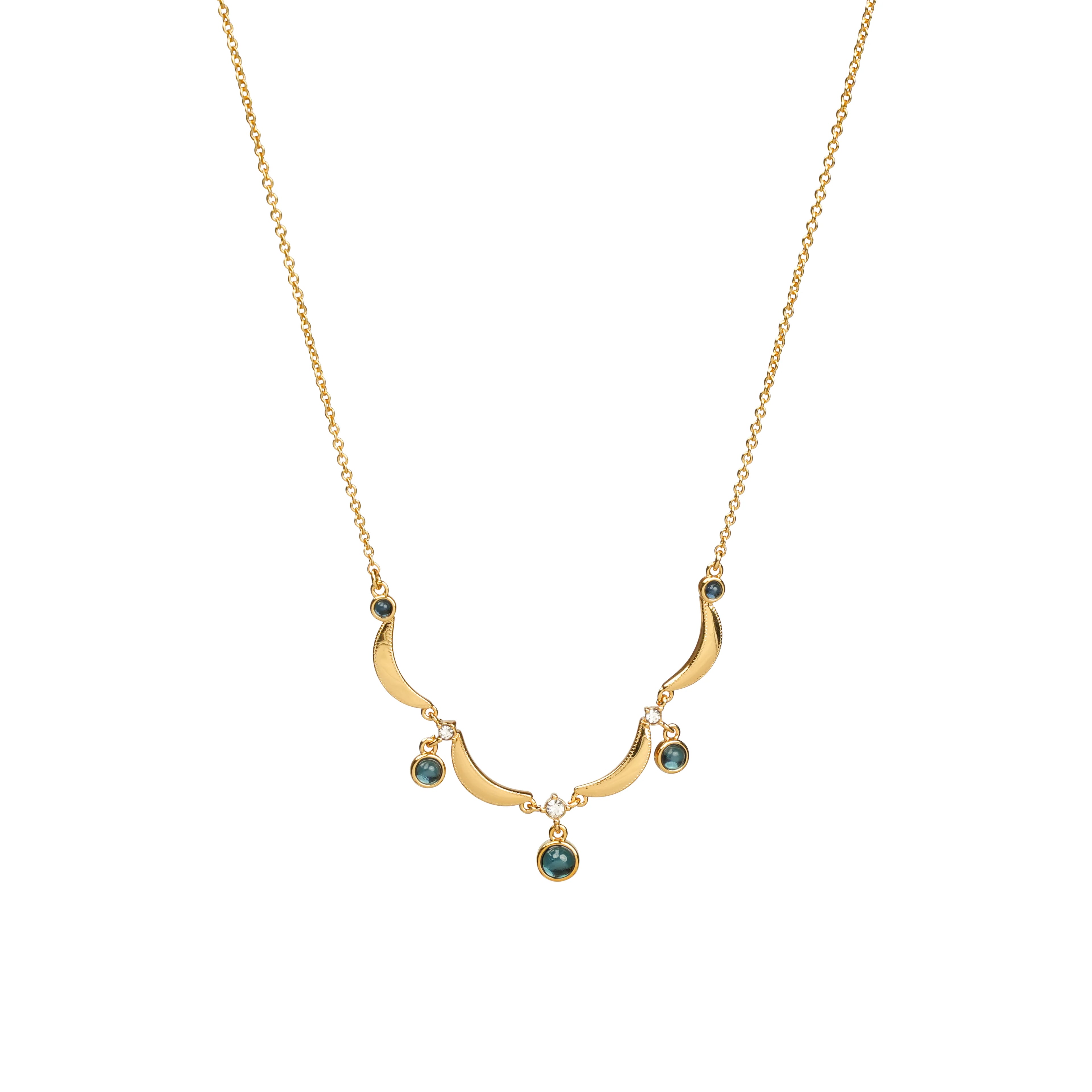 New Design Premium Brass Small Moon Shape Cute Necklace with Blue Crystals Real Gold Plated Link Chain Unisex Jewellery