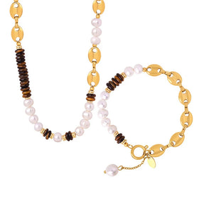 Fashional Ladies Girls Stainless Steel tiger Eye Stone Fresh Water Pearl Necklaces Bracelets Jewelry Sets