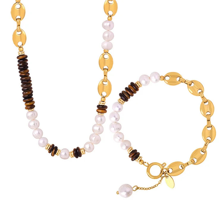 Fashional Ladies Girls Stainless Steel tiger Eye Stone Fresh Water Pearl Necklaces Bracelets Jewelry Sets