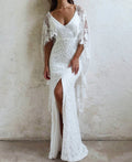 8300# Simple Appliques Lace V-neck Split Front Beach Wedding Clothes Bridal Gown Plus Size Women Engagement Party Evening Dress
