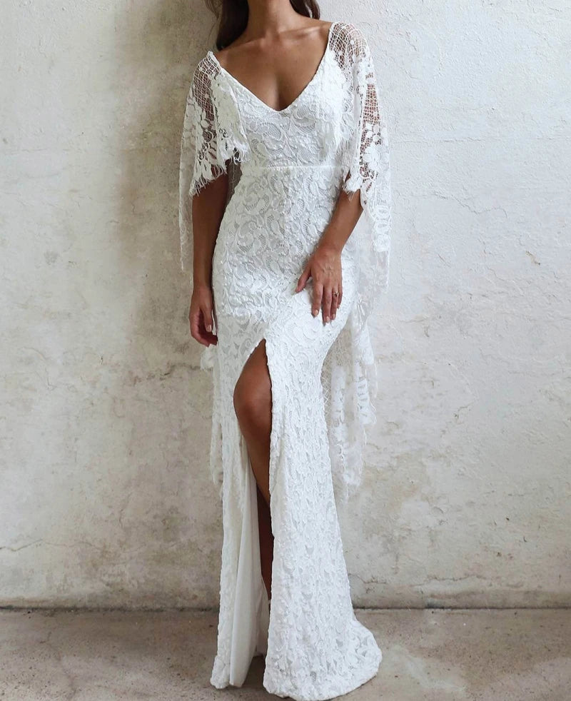 8300# Simple Appliques Lace V-neck Split Front Beach Wedding Clothes Bridal Gown Plus Size Women Engagement Party Evening Dress