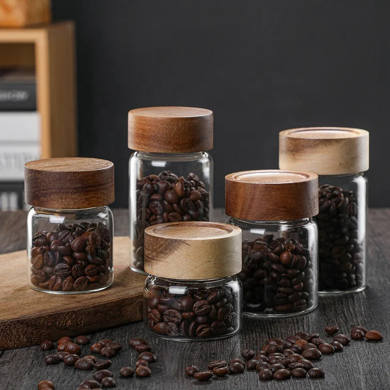 Food Grade Manufacturers Wholesale Threaded Mouth sealed High Borosilicate Glass Storage tank with Acacia Wood Lid