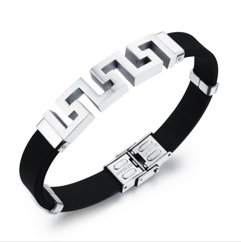 GJB039 High Polish Die Cut Best Quality Cool Mens Bracelet Rubber Silicone Band Stainless Steel Bracelets for Graduation Party