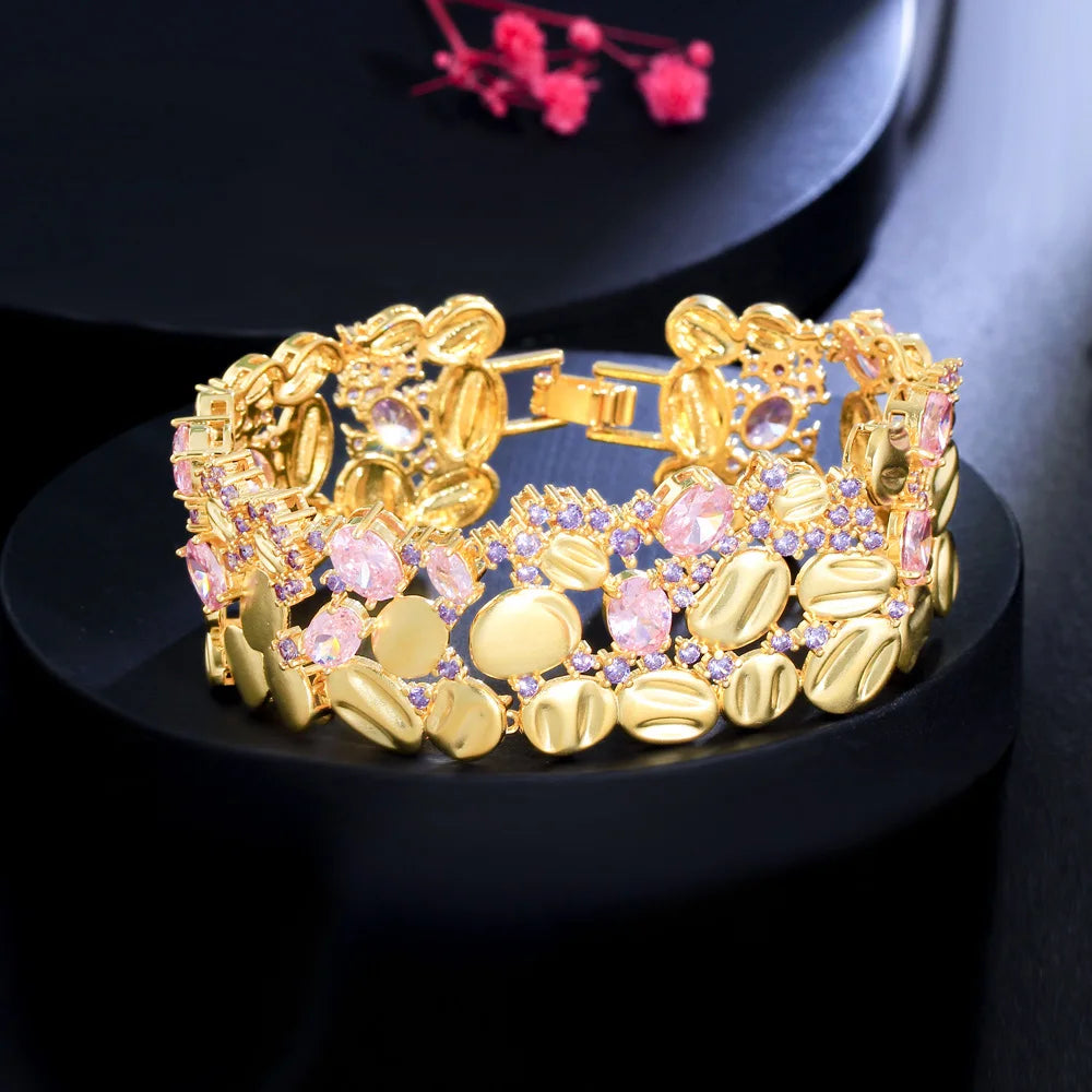 Unique Purple Pink Cubic Zircon Crystal Matte Dubai 18k Gold Plated Chunky Large Wide Cuff Bracelet Bangle Women Wedding Jewelry MegaBDM