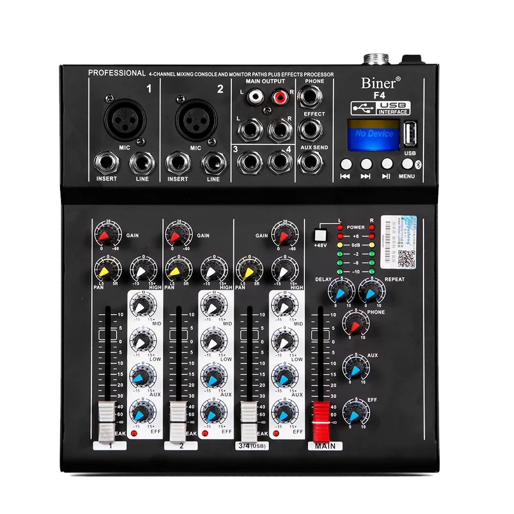Biner F4 Professional 4 Channels Built-in Digital Delay Mixing Effects DJ Audio Digital Mini Audio Mixer