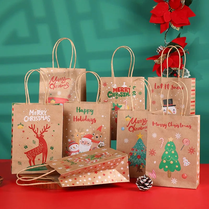 Merry Christmas Kraft Paper Bags Candy Gift Favor Shopping Bag with Handle for Xmas New Year Party Decor