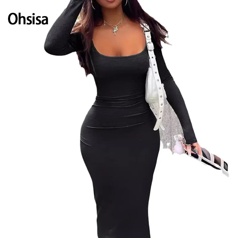 Summer New Ladies Fashion Long Dress Temperament Elegant Slim Package Hip Long-sleeved Round Neck Solid Color Dresses MegaBDM