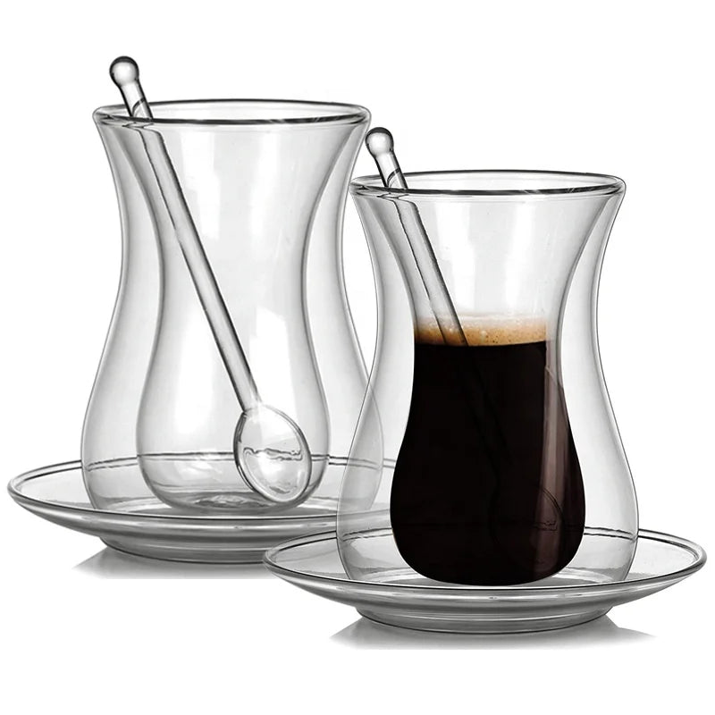 Logo Custom Turkish Style Double Wall Glass Tea Cup Set for Coffee Tea Drinking Use With Saucer Spoon Turkish Glass Cup Set