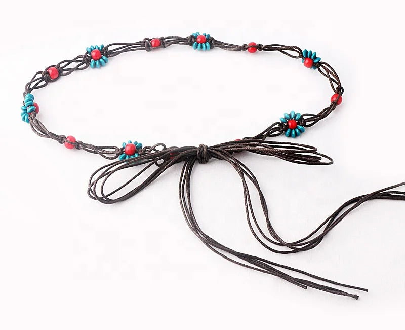 Simple Casual Ethnic Women's Knitted Belts Wax Rope Waist Chain with Thin Flower Accessory