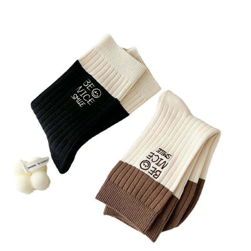 Wholesale New Women's Color-blocking Embroidery Double-needle Pile Socks Japanese Milk Coffee Letter Me Socks