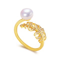 Hot Sale Elegant 18K Gold Plated Feather Ring Freshwater Pearl for Women Perfect Jewelry Accessory