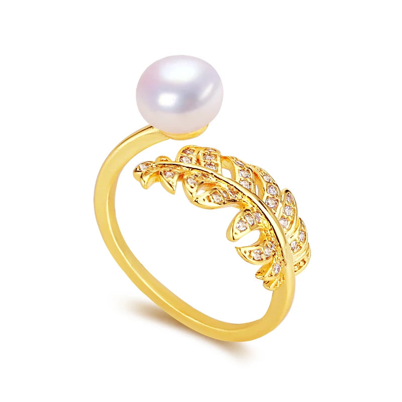 Hot Sale Elegant 18K Gold Plated Feather Ring Freshwater Pearl for Women Perfect Jewelry Accessory