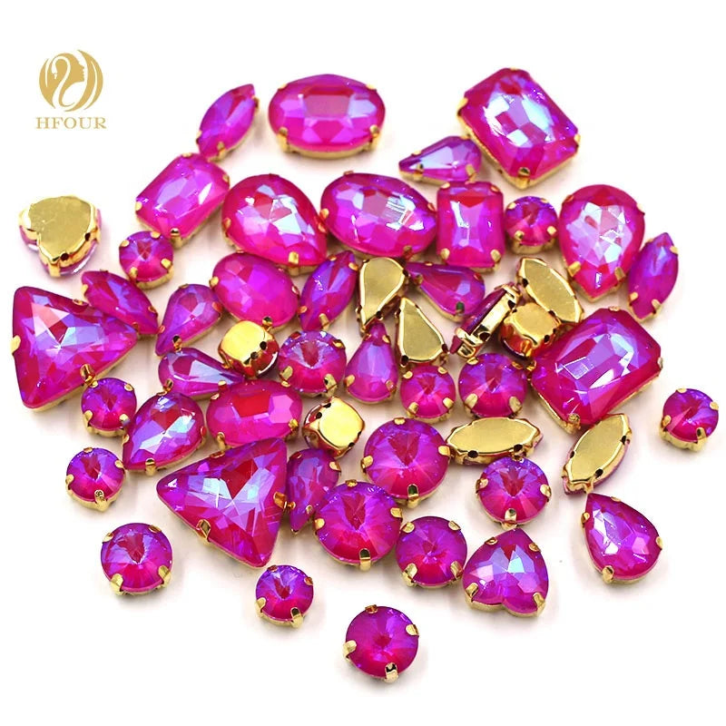 Wholesale 3D Rose Red AB Mocha Color Mixed Shape Flatback 9 Facets Sewn-On Loose Glass Rhinestones for Clothing
