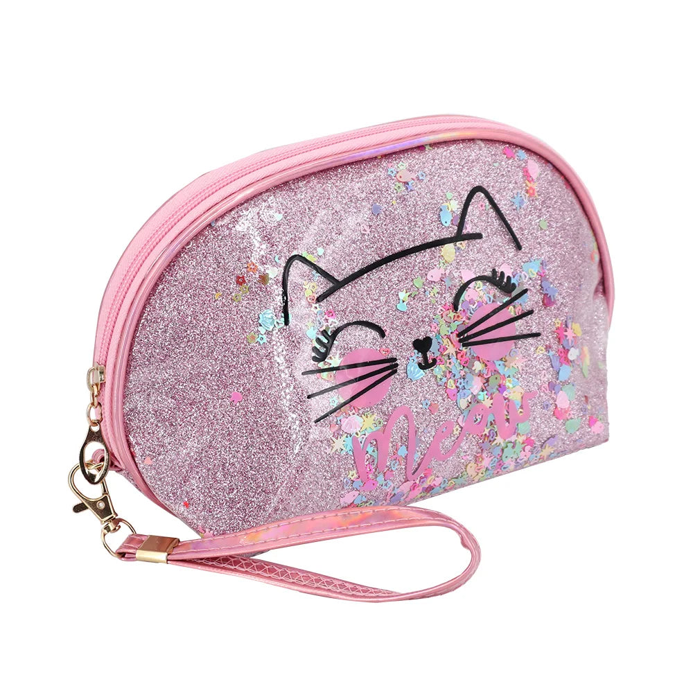Waterproof Travel Portable Cartoon Cute Cat Print Shell Shape Shimmer Glitter Sequined PVC Cosmetic Organizer Makeup Bag Eco