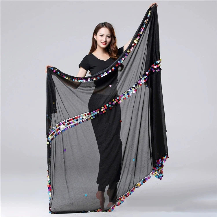 Adults' Plus Size Handmade Crochet Sequins Polyester Scarf Veil for Malaya Folk Belly Dance Performance Dance Show