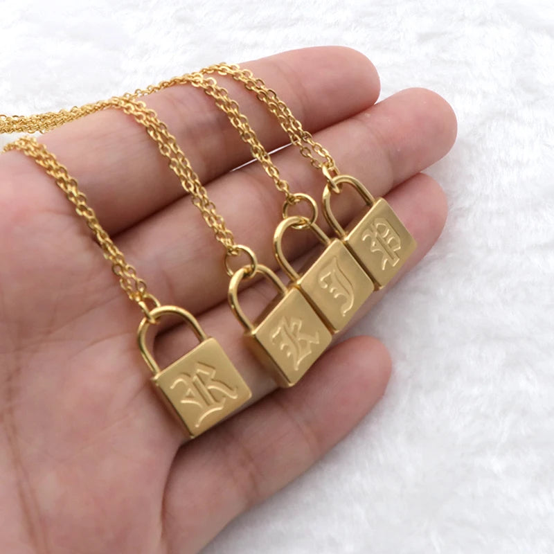 Minimalist Jewelry Stainless Steel 18k Gold Plated Padlock Necklace Men Women Lock Engraved Old English Initial Letter Necklace