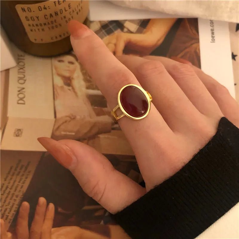 HOVANCI Elegant Vintage French Style Red Agate Ruby Open Ring Luxury Gemstone Opening Finger Ring for Women Party
