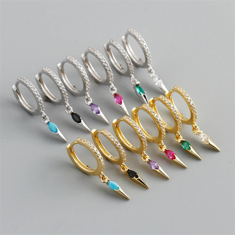 Fashion 925 Sterling Silver 18k Gold Plated Cone-shaped Pendant Colored Zircons Hoop Earrings