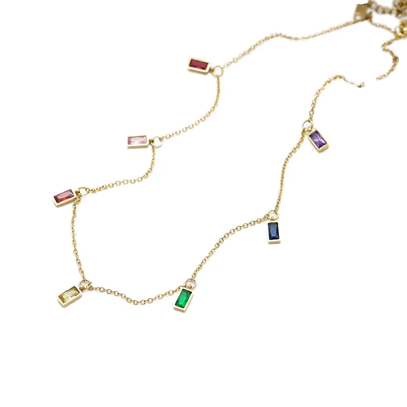 HOVANCI Minimalist 18K Gold Plated Round Zircon Choker Stainless Steel Colorful Zircon Necklace