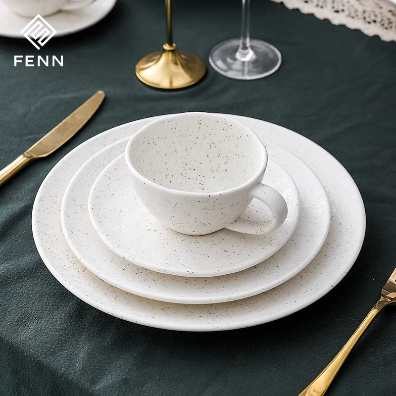 FENN Elegant Afternoon Tea Set Dessert Plate Cup Saucer 4Pcs Dinnerware Dining Set White Porcelain Dinner Set