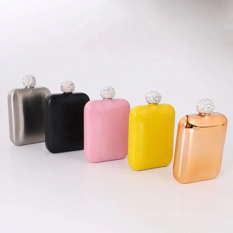 Womens Gifts Portable Gold 304 Stainless Steel Sublimation Coating Hip Flask With Rhinestone