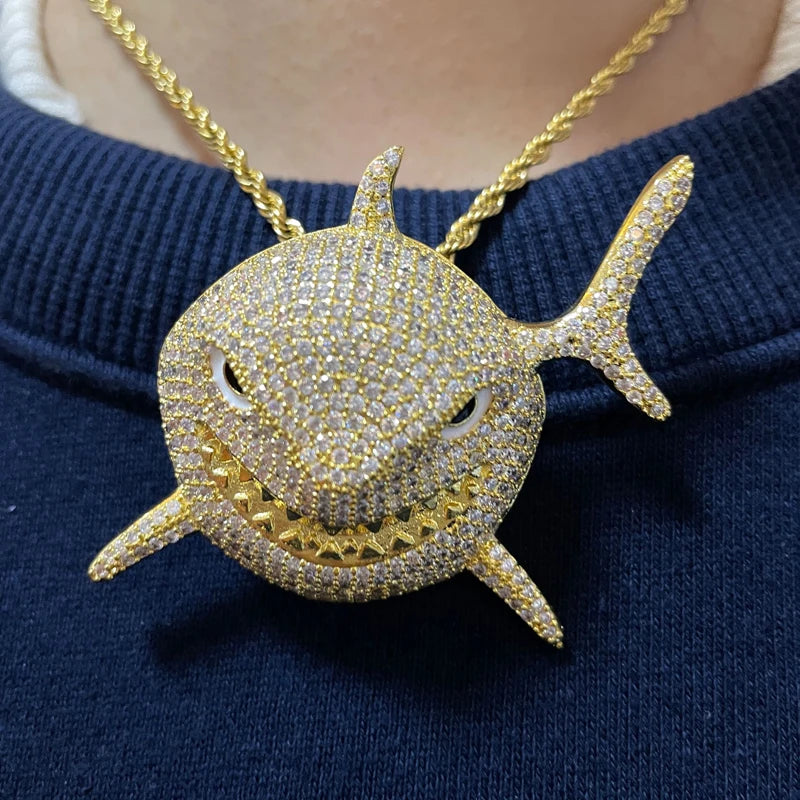 Custom Hip Hop 6IX9INE Jewellery Cubic Zircon Iced Out Diamond Large Shark Whale Necklace Pendant Jewelry Shark Necklace