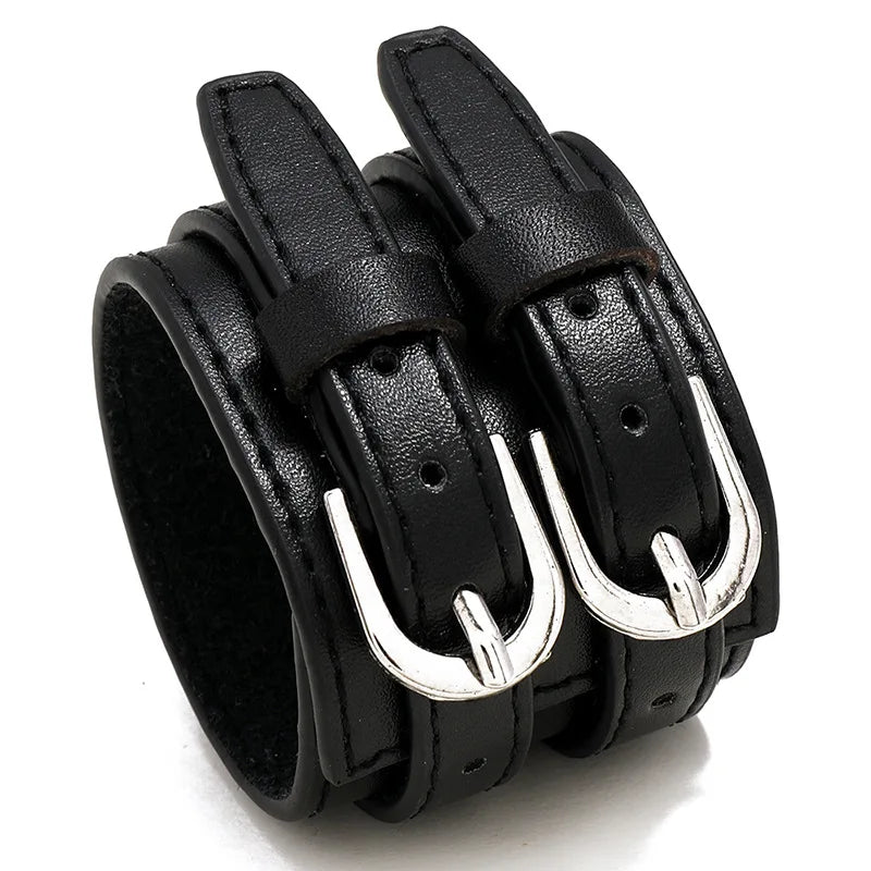 Wholesale Men's Bracelet Fashion Leather Jewelry Belt Buckle Wide Leather Cuff Bracelet Multi-layer PU Leather Punk Bracelet