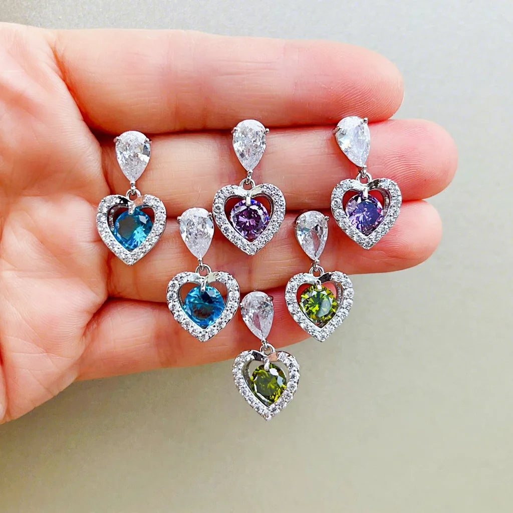 2023 Wholesale Price Purple Blue Green CZ Earrings Fashion Crystal Cubic Zircon Earrings Gold Drop Heart Earrings for Women