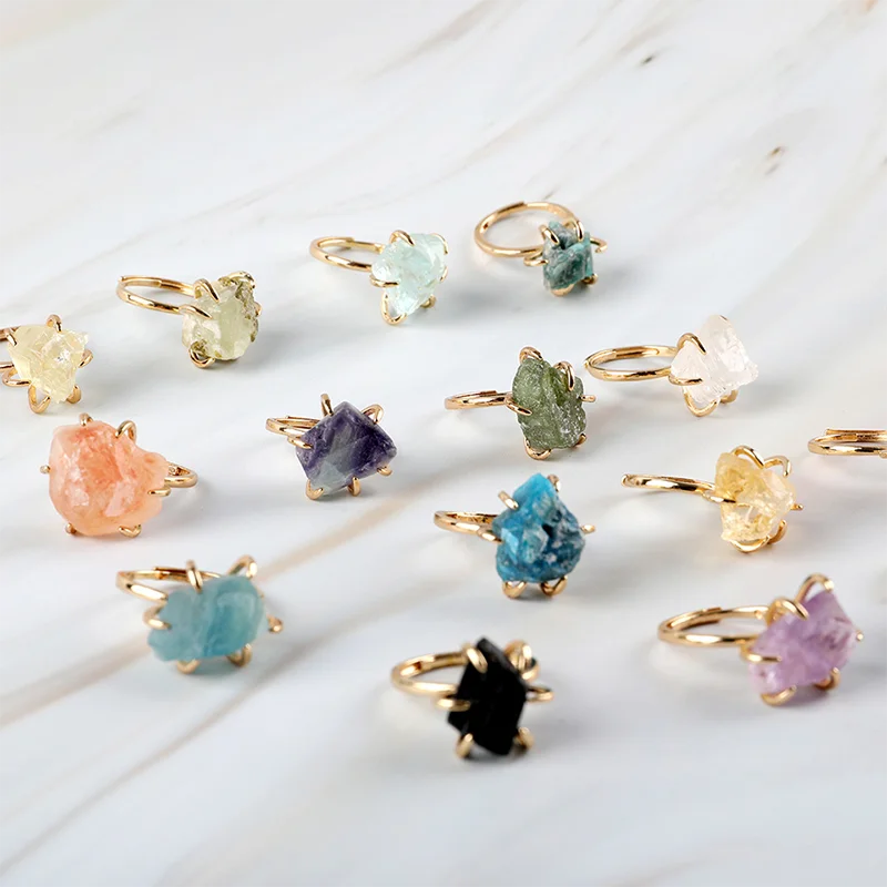 18K Gold Plated Healing Gravel Crystal Gemstone Stone Agate Ring Rough Ring