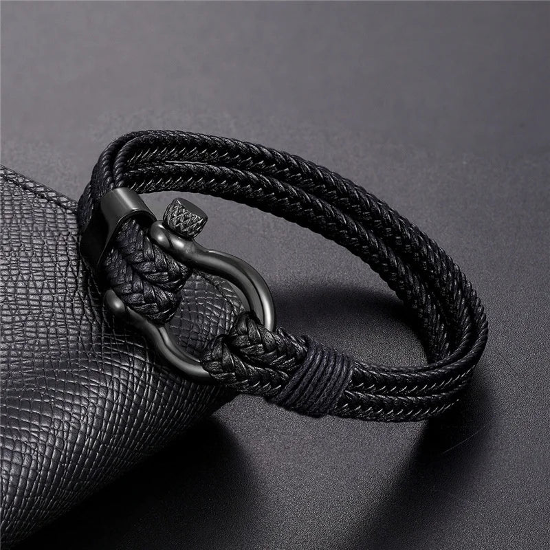 Horseshoe Clasp Mens Braided Black Rope Bracelets Stainless Steel Screw Shackles Leather Bracelets for Man