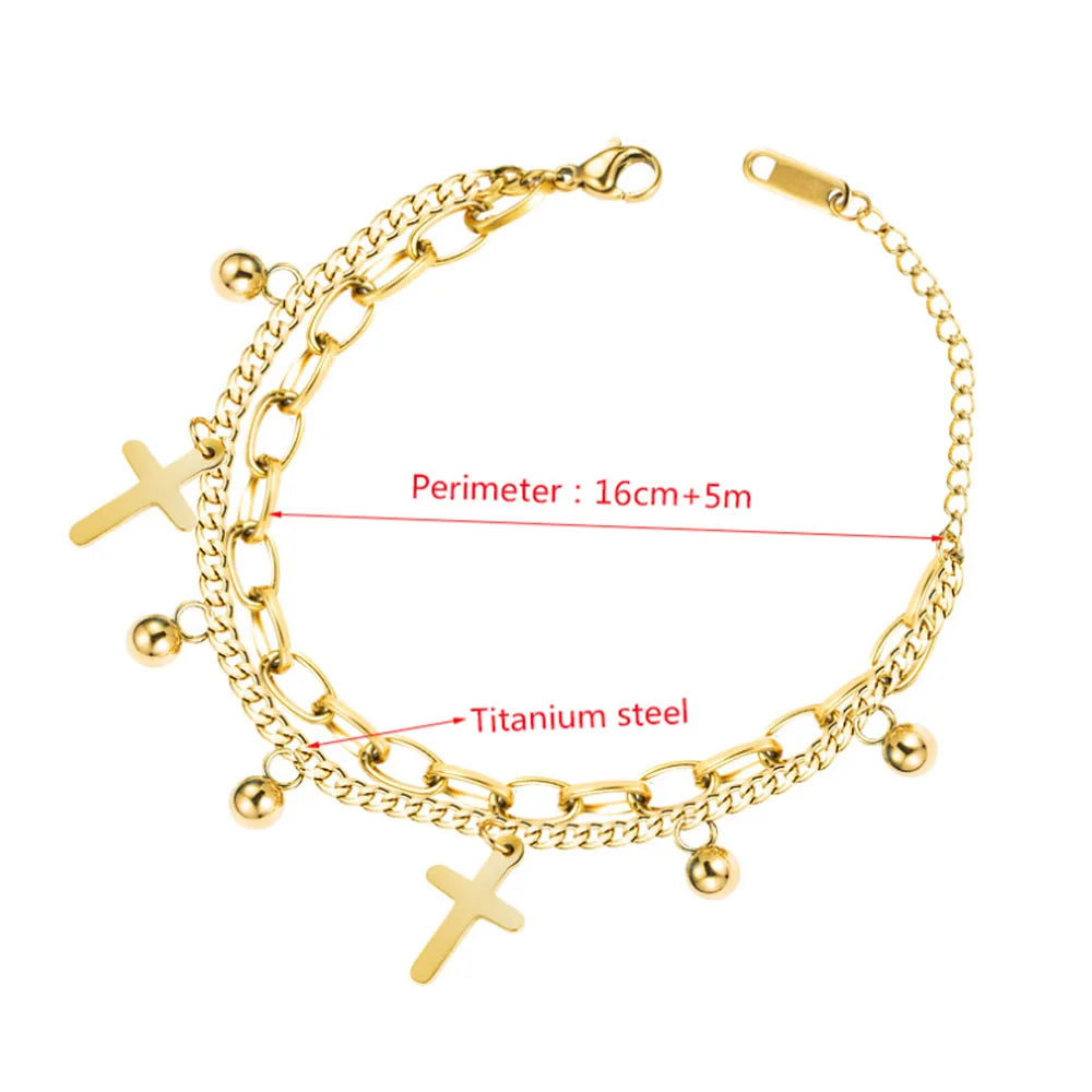 Fashion Trendy Chic Stainless Steel Chain Double Layers Cross Pendant Ball Bead Charms Layered Bracelet Jewelry for Women
