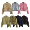 2023 Autumn New Quilted Breathable Woven Stand Collar Double Pocket Solid Color Motorcycle Bomber Jacket Coat for Women