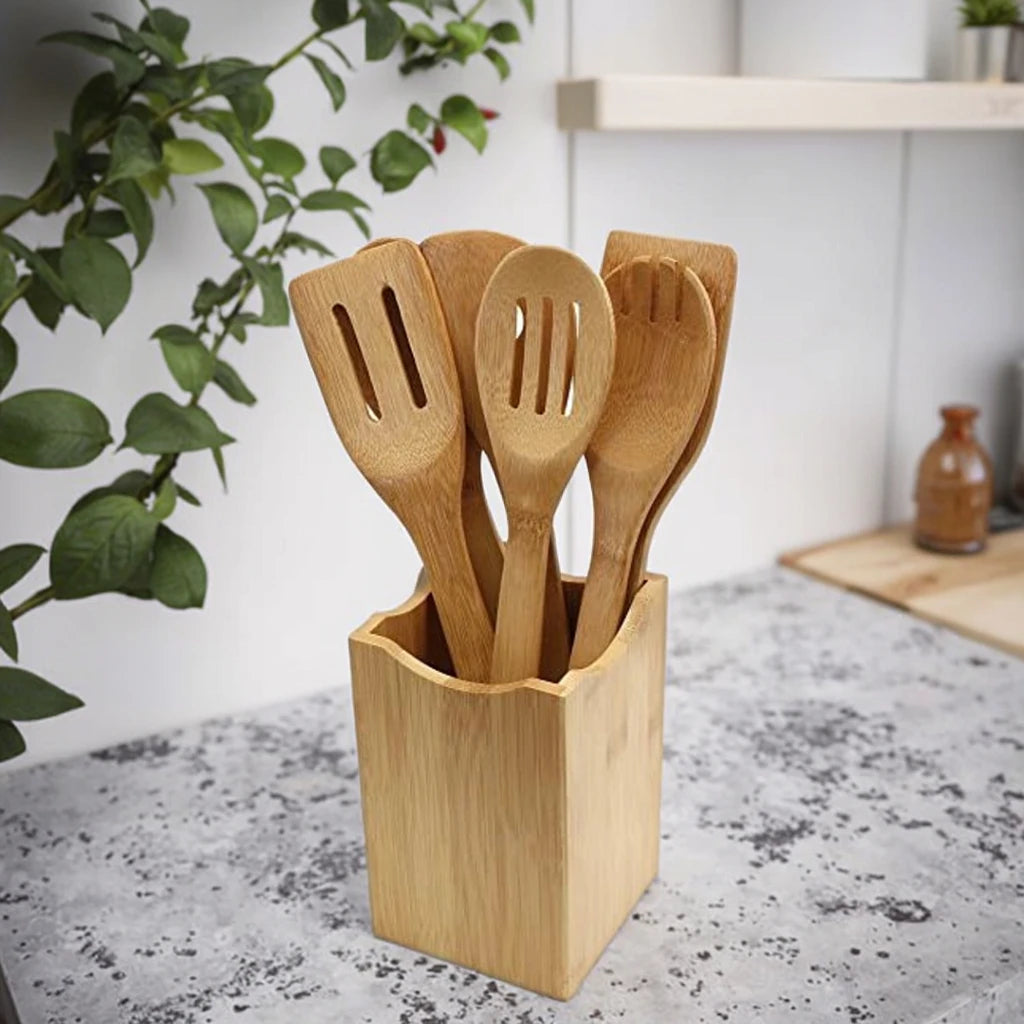 100% Organic Eco-Friendly 7-Piece Bamboo Kitchen Utensil Set with Ergonomic Handles Includes Spatula