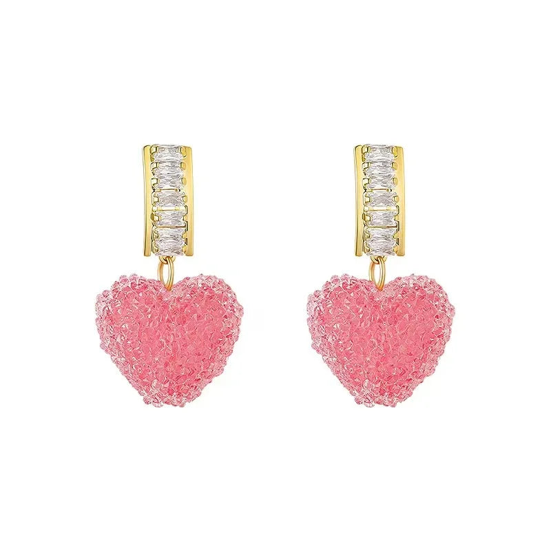 INS  Orecchini Pink Heart Shaped Earrings Bling Crystal Diamond Small Hoop Earrings Love Heart Earrings for Women