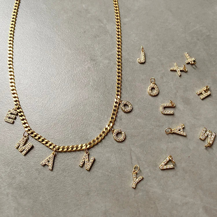 European and American DIY Jewelry Minimalist Personalized 14K Zircon Necklace With Letter Name Pendant Stainless Steel Necklace