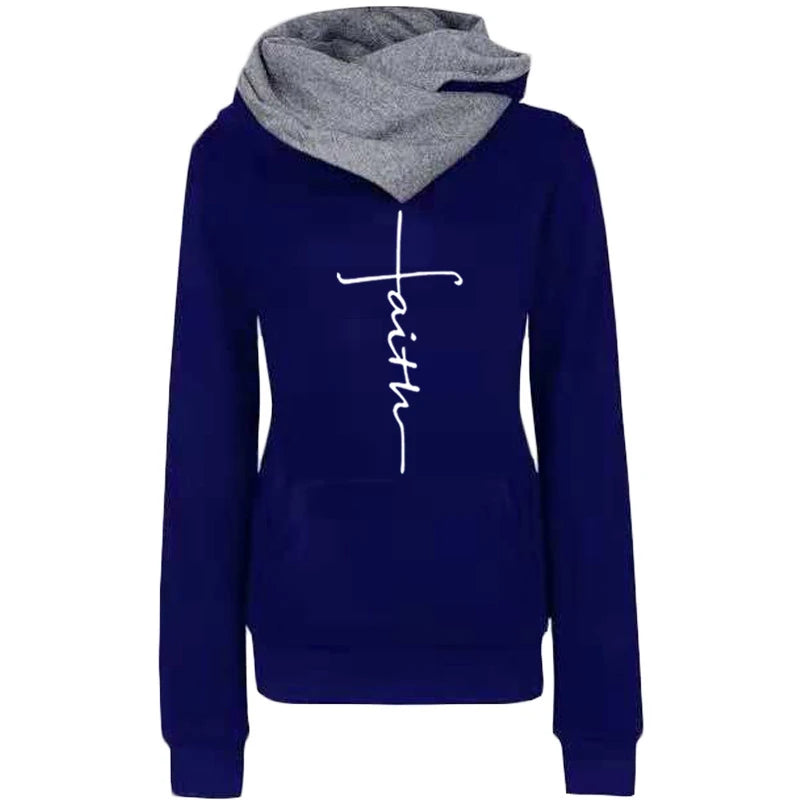 Fitspi Fashion Faith Print Hoodies High Collar Long Sleeve Hooded Sweatshirts Casual Pullover Tops Sweater