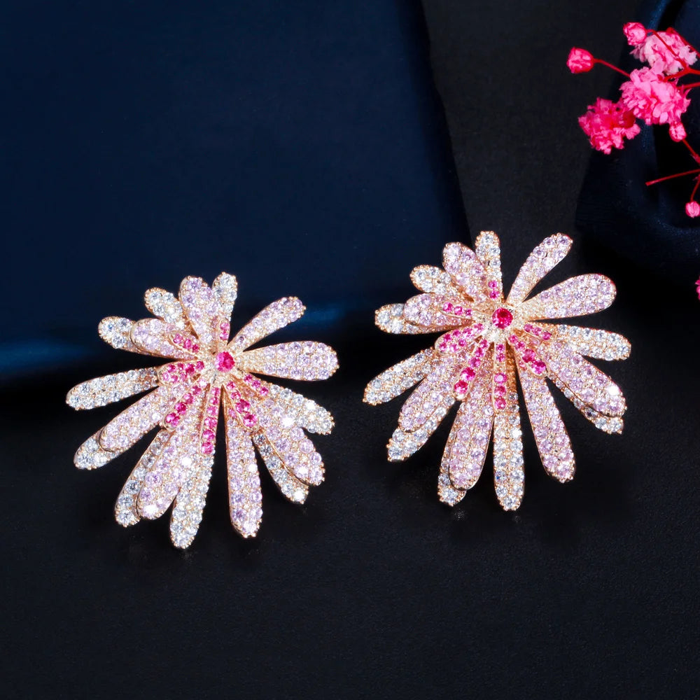 Unique Luxurious Designer Red Pink Micro Cubic Zirconia Stone Setting Big Geometric Flower Earring for Women Costume Jewelry MegaBDM