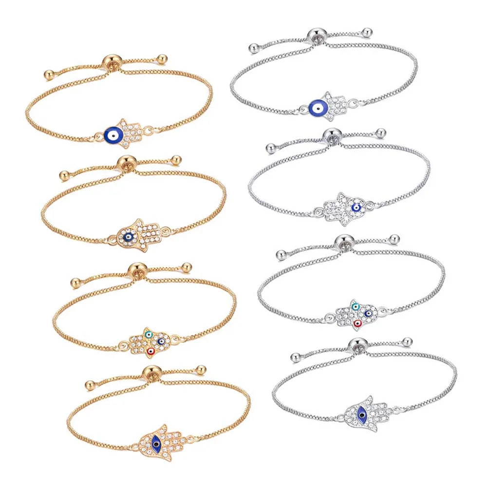 18k Gold Plated Box Chain Adjustable Devils Eye Bracelet Lucky Blue Rhinestone Evil Eyes Jewelry Hamsa Hand Bracelet