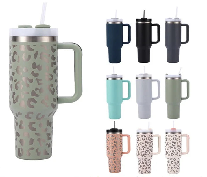 Wholesale Custom Logo 40oz Cup Double Wall Vacuum Stainless Steel 40oz Coffee Outdoor Tumbler Travel Mug With Handle and Straw
